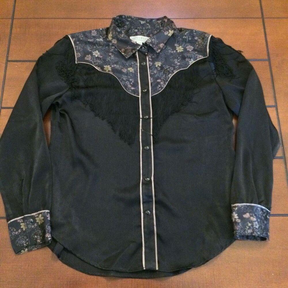 Idyllwind black fringe tassel blouse western cowboy floral large
